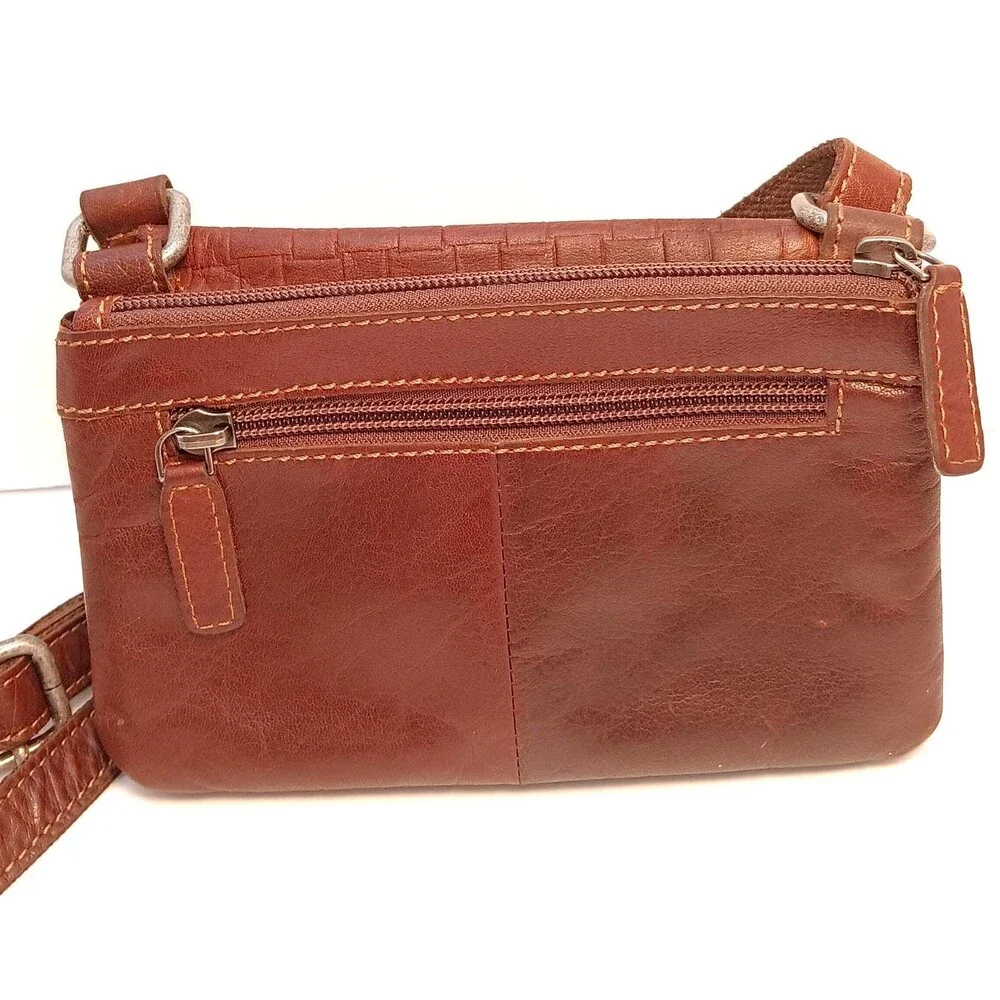 Vintage Jack Georges Brown Leather Crossbody Bag – Woven Embossed Flap Shoulder